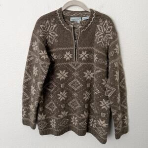 [Vintage] Nomadic Traders Brown Fair Isle 1/4 Zip Hand Knit Wool Sweater Medium